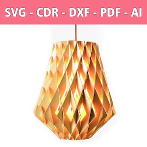May include: A pendant light fixture with a geometric, diamond-patterned shade made of light-colored wood panels. The structure emits a warm, glowing light from within. The top of the image features a pink banner with the text SVG - CDR - DXF - PDF - AI.