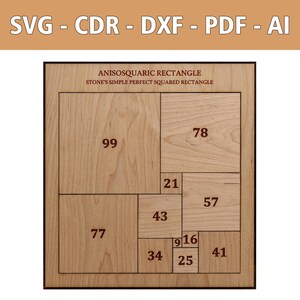 Könnte beinhalten: Eine quadratische Holzplatte mit einem geometrischen Puzzle-Design, bekannt als Anisosquaric Rectangle. Die Oberfläche zeigt verschiedene Quadrate mit den Zahlen 99, 78, 21, 57, 77, 43, 34, 9, 16, 25 und 41. Der Text oben lautet ANISOSQUARIC RECTANGLE STONE'S SIMPLE PERFECT SQUARED RECTANGLE.