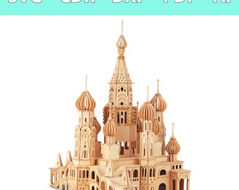 Op de afbeelding: Een lichtbruin, lasergesneden houten model van een kathedraal met meerdere uivormige koepels, gedetailleerde boogramen en hoge torenspitsen. Bovenaan de afbeelding staat de tekst SVG - CDR - DXF - PDF - AI op een lichtblauwe achtergrond.