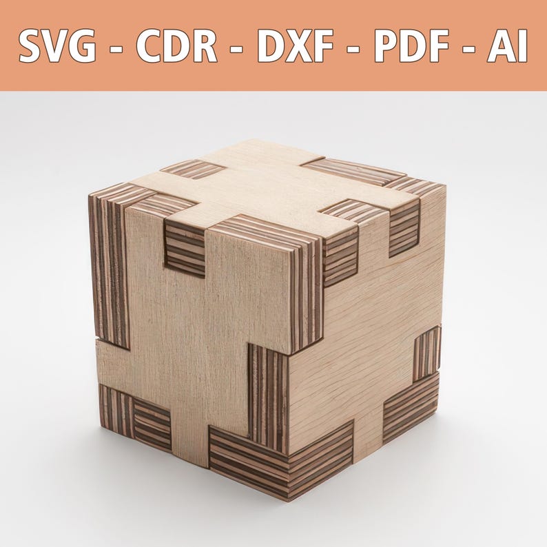 May include: A wooden cube with a complex interlocking design. The cube is made of light wood with dark wood accents. The design is intricate and geometric.