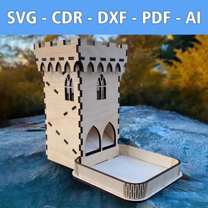 Lindo arquivo laser de torre de dados de madeira com design de torre de castelo medieval - SVG, CDR e mais - Arquivo de alta qualidade para artesãos criativos e projetos DIY