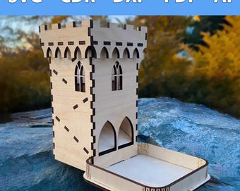Beautiful wooden cube tower laser file in medieval castle tower design - SVG, CDR and more - High-quality file for creative crafters & DIY projects