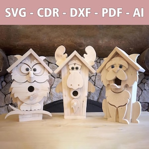 Laserbestand vogelhuisje uil, eland en kat – CNC lasergesneden SVG, CDR en meer – Unieke doe-het-zelfdecoratie voor tuin en huis