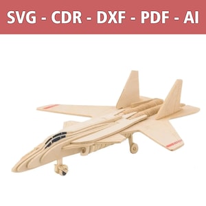 May include: A light-colored wooden model airplane featuring a layered construction with a cockpit, wings, and landing gear. The top banner displays the text SVG - CDR - DXF - PDF - AI in white letters against a solid red background.