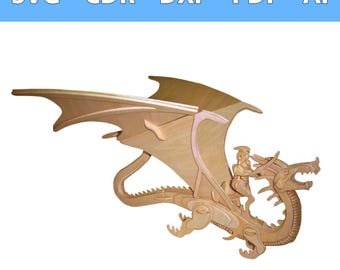 3D Drache mit Reiter Laserdatei 3mm - SVG, CDR und mehr - für Holz und MDF - Fantasy Szene Drachen Laser Cut Design
