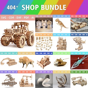 May include: A digital collection of 404+ laser-cut wooden model designs, including a tractor, dinosaur, car, dollhouse furniture, fish, excavator, buffalo, bulldozer, tank, dagger, airship, oil rig, chair, and crane, available in SVG, CDR, DXF, PDF, and AI formats.