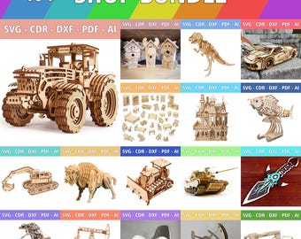 Op de afbeelding: Een digitale collectie van 404+ lasergesneden houten modelontwerpen, waaronder een tractor, dinosaurus, auto, poppenhuismeubels, vis, graafmachine, buffel, bulldozer, tank, dolk, luchtschip, boortoren, stoel en kraan in SVG, CDR, DXF, PDF en AI.