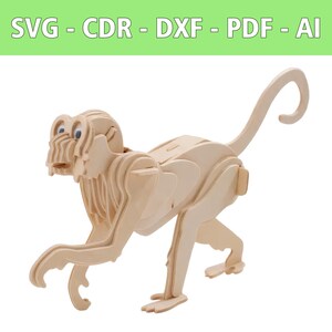 May include: A wooden monkey toy with a brown color. The monkey is in a standing position with its arms outstretched and its tail curled up. The toy is made of multiple pieces of wood that are joined together.