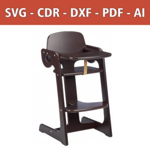 May include: A dark brown wooden high chair with a tray and a footrest. The chair has a simple design and is made of solid wood.