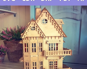 Laserprintbestand voor een poppenhuis op schaal 1/12 met instructies - 2 verdiepingen + zolder - digitaal doe-het-zelf bouwplan in SVG, CDR en meer - bruiloftsdecoratie