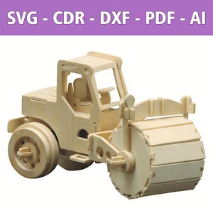 May include: A wooden road roller toy with a cab, wheels, and a rolling drum. The toy is made of light-colored wood and features the text "SVG - CDR - DXF - PDF - AI" in the top portion of the image.