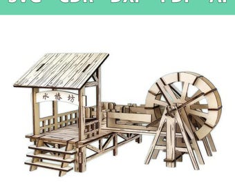 3D Aziatische watermolen 3 mm laserbestand met instructievideo - SVG, CDR en meer - Japanse houten huis lasersnijsjabloon CNC doe-het-zelf houten model