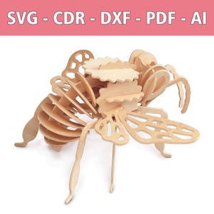May include: A wooden insect puzzle with layered wings and body segments. The puzzle is made of light-colored wood and has intricate cut-out details. The text "SVG - CDR - DXF - PDF - AI" is displayed at the top.