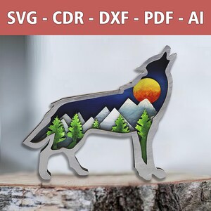 Könnte beinhalten: Eine silberne Silhouette eines Wolfes, der zum Mond heult, mit einer Berg- und Waldlandschaft im Inneren des Wolfskörpers. Die Szene umfasst einen blauen Himmel, weiße Berge, grüne Bäume und eine gelbe und orange Sonne.
