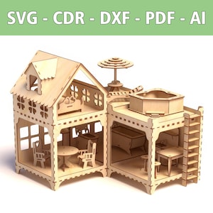 May include: A wooden dollhouse with a pool, a patio set, and a ladder. The dollhouse is made of light brown wood and has a white roof. The pool is blue and has a white umbrella. The patio set has a table and four chairs. The ladder is made of wood and has four steps.