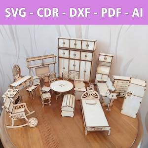 May include: A set of 17 miniature wooden furniture pieces, including a bed, dresser, rocking chair, table, and chairs. The pieces are all made of unfinished wood and are ready to be painted or stained.