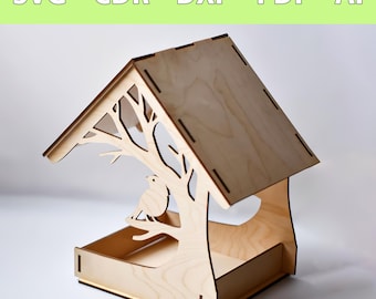 Laserbestand voor vogelvoederhuisje - laserbestand voor houten voederbak - SVG, CDR en meer - lasergesneden houten voederstation - doe-het-zelf vogelvoederhuisje