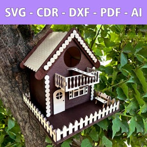 Laserbestand Decoratief vogelhuisje - SVG, CDR en meer - Lasergesneden voor hout - Tuindecoratie & nestkast - Cadeau-idee voor natuurliefhebbers