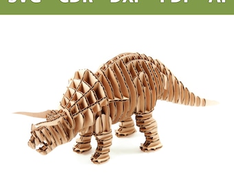 May include: A cardboard model of a Triceratops dinosaur. The model is made of brown cardboard and has a textured surface. The dinosaur is standing on a white background.