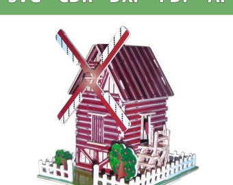 Op de afbeelding: Een 3D-model van een rode windmolen met een donker dak, draaiende wieken, een kleine deur met treden en een wit hekwerk rond de basis. De bovenste banner toont de tekst SVG - CDR - DXF - PDF - AI in witte letters.