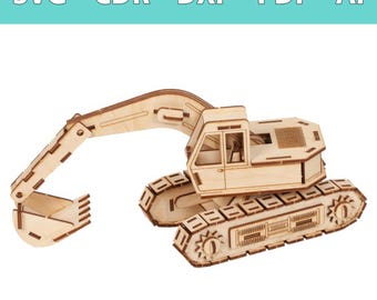 Puede incluir: Maqueta de excavadora de madera clara con un brazo largo y un cucharón. El modelo presenta cortes detallados. El texto "SVG - CDR - DXF - PDF - AI" está en la parte superior.