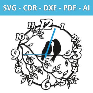 File laser per orologio in legno con uccelli sui rami - SVG, CDR e altro - File laser perfetto per progetti fai da te per gli amanti degli uccelli