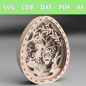 Puede incluir: Un recorte de madera de un huevo de Pascua con una niña, un conejo y una cesta de huevos en su interior. El huevo está decorado con una línea discontinua marrón alrededor del borde.