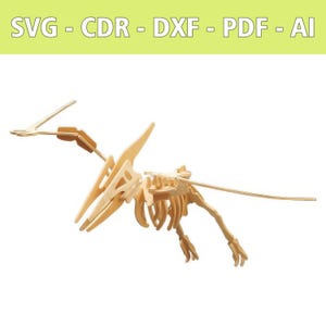Op de afbeelding: Een lichtgekleurd houten Pterodactylus-model, geassembleerd uit in elkaar grijpende stukken. Het model is een gedetailleerde weergave van het prehistorische vliegende reptiel, met zichtbare skeletkenmerken. De afbeelding bevat de tekst "SVG - CDR - DXF - PDF - AI".