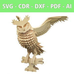 File laser 3D con gufo con ali spiegate - SVG, CDR e altro - Per bambini, decorazioni e progetti creativi fai-da-te