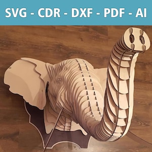 Archivo láser cabeza de elefante 3D - SVG, CDR y más - Decoración de pared salvaje para la sala de estar - Perfecto para proyectos de bricolaje