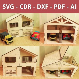 May include: Wooden toy garage with two levels, windows, and garage doors. The garage has the text "OFF ROAD" on the garage doors. The image also shows toy trucks and cars. The top of the image has the text "SVG - CDR - DXF - PDF - AI".