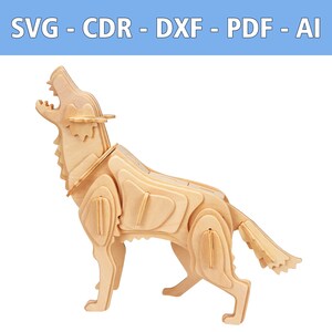 Könnte beinhalten: Ein Holzpuzzle eines heulenden Wolfes, aus geschichteten Teilen zusammengesetzt. Der Wolf ist in einer stehenden Pose mit offenem Maul dargestellt. Der Text "SVG - CDR - DXF - PDF - AI" befindet sich oben.