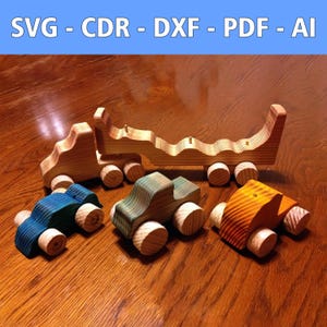 木製トラック レーザー プリント ファイル - 3-in-1 おもちゃのトラックと車 - SVG、CDR など - 子供向け DIY 木製おもちゃ