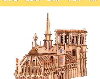 Op de afbeelding: Een lasergesneden houten model van de Notre-Dame kathedraal met gedetailleerde architecturale elementen, een centrale torenspits en roosvensters. De bovenste banner toont de tekst SVG - CDR - DXF - PDF - AI, wat de beschikbare digitale bestandsformaten voor dit project aangeeft.