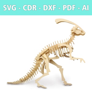May include: A light-colored wooden Parasaurolophus dinosaur skeleton model. The model is made of interlocking pieces and stands on a white background. The text "SVG - CDR - DXF - PDF - AI" is at the top.