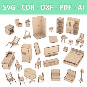 Set di mobili per bambole in legno con lima laser 1/6 e 1/12 - Mobili per case delle bambole fai da te - SVG, CDR e altro - Giocattoli per bambini - Letto, sedia, tavolo per bambole