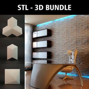 Könnte beinhalten: Ein digitales STL 3D-Paket mit geometrischen Wandpaneel-Designs. Das Bild zeigt drei weiße, kantige, dreidimensionale Fliesenmuster neben einem Rauminterieur mit einer strukturierten Wand, einem Glastisch und einem weißen Bürostuhl.