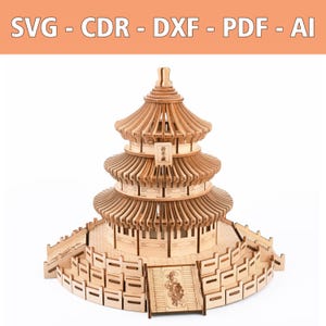 May include: A laser-cut wooden model of a multi-tiered pagoda structure featuring intricate architectural details, a central staircase with engraved patterns, and a surrounding railing. The top banner displays the text SVG - CDR - DXF - PDF - AI.
