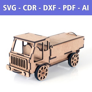 May include: A wooden toy truck with a brown finish and black details. The truck has a flatbed and four wheels. The truck is a popular toy for children.