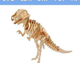 Könnte beinhalten: Ein helles Holzpuzzle eines Tyrannosaurus Rex-Skeletts. Das Dinosaurier-Modell besteht aus ineinandergreifenden Teilen, die die Skelettstruktur zeigen. Der Text "SVG - CDR - DXF - PDF - AI" ist oben im Bild zu sehen.