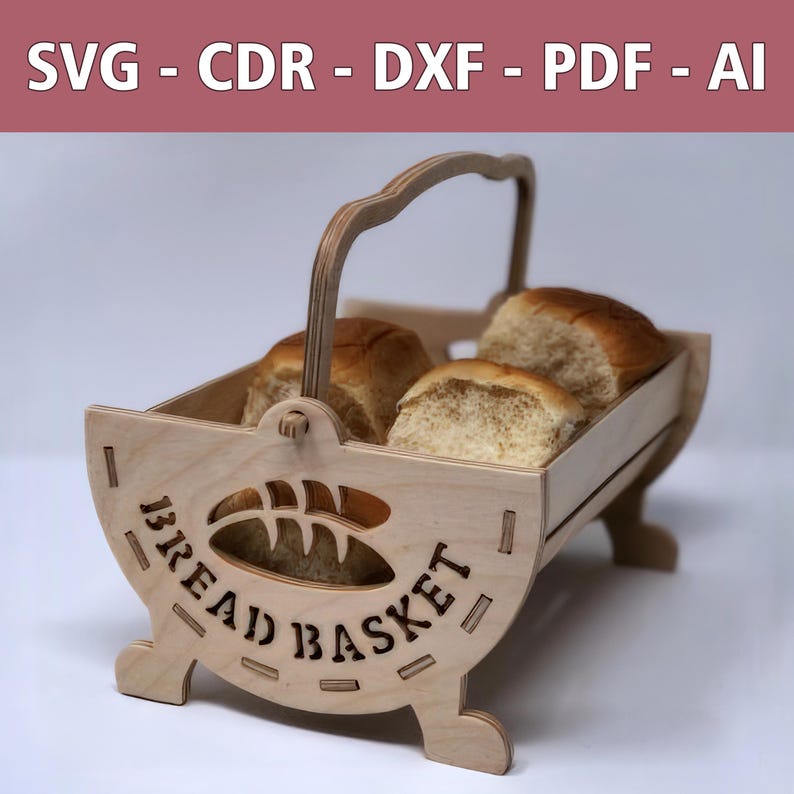 May include: A wooden bread basket with a handle and a cutout design that says "Bread Basket". The basket is filled with four loaves of bread.