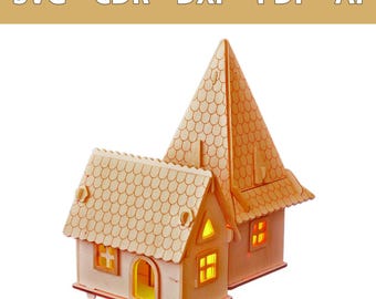 3D Heksenhuis Laserbestand, 3mm Plug-in Lamp - SVG, CDR en meer - Lasersnijsjabloon, Houten Huis DIY Decoratie, Plotterbestand, CNC-knutselbestand