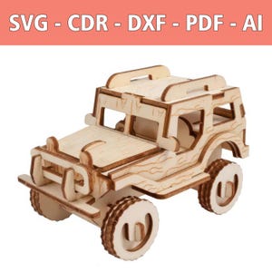 May include: A light-colored wooden model of an off-road vehicle with a roof rack, four wheels, and a front bumper. The image includes the text SVG - CDR - DXF - PDF - AI at the top, indicating available digital file formats for this laser-cut design.