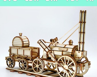 May include: A wooden model of the Rocket steam locomotive, a historic train engine. The model features intricate details, including wheels, a boiler, and a smokestack. The model is on a wooden track.