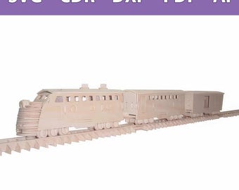 Op de afbeelding: Een lichtgekleurde houten modeltrein bestaande uit een locomotief en twee rijtuigen op een spoor. De paarse banner bovenaan toont de tekst SVG - CDR - DXF - PDF - AI, wat de beschikbare digitale bestandsformaten voor dit ontwerp aangeeft.