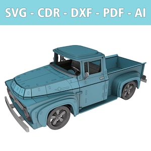 Könnte beinhalten: Ein blaues digitales Modell eines Oldtimer-Pickups mit geschichtetem Paneel-Design, ausgestattet mit dunkelgrauen Rädern und einer vorderen Stoßstange. Oben im Bild steht der Text SVG - CDR - DXF - PDF - AI in weißen Buchstaben auf hellblauem Grund.
