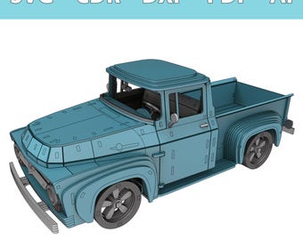 Könnte beinhalten: Ein blaues digitales Modell eines Oldtimer-Pickups mit geschichtetem Paneel-Design, ausgestattet mit dunkelgrauen Rädern und einer vorderen Stoßstange. Oben im Bild steht der Text SVG - CDR - DXF - PDF - AI in weißen Buchstaben auf hellblauem Grund.