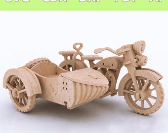 May include: Wooden model kit of a motorcycle with a sidecar. The motorcycle is brown and has a detailed design. The sidecar is also brown and has a curved design.