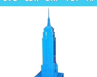 Könnte beinhalten: Ein blaues Modell des Empire State Building, ein berühmtes Hochhaus in New York City.