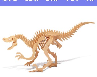 Könnte beinhalten: Ein hellbraunes Holz-Dinosaurier-Skelett-Puzzle. Das Puzzle besteht aus ineinandergreifenden Teilen und ist zum Zusammenbauen konzipiert. Der Text "SVG - CDR - DXF - PDF - AI" befindet sich oben im Bild.